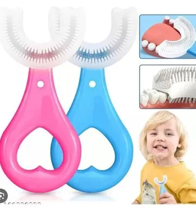 U Shaped Toothbrush,U Shape Toothbrush,U Shape Kids Manual Toothbrush,U-Shaped Training Toothbrushes for Kids 2-6Y,Silicone Bristles Massage Gums,360° All-Round Cleaning